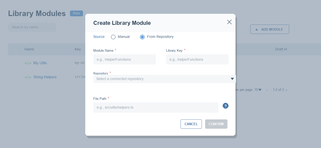 Create dialog, repository source selected