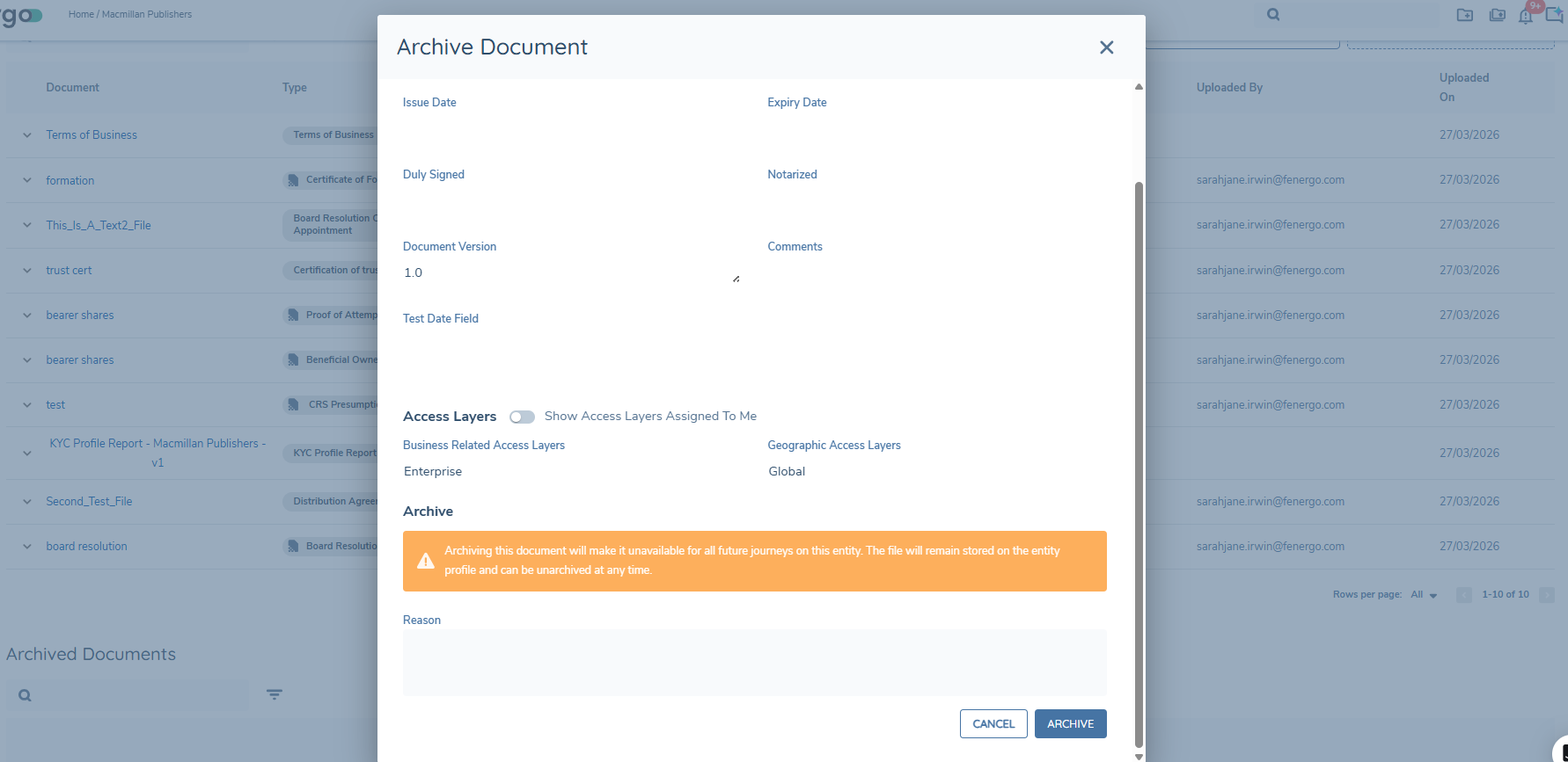 Document Archiving Reason