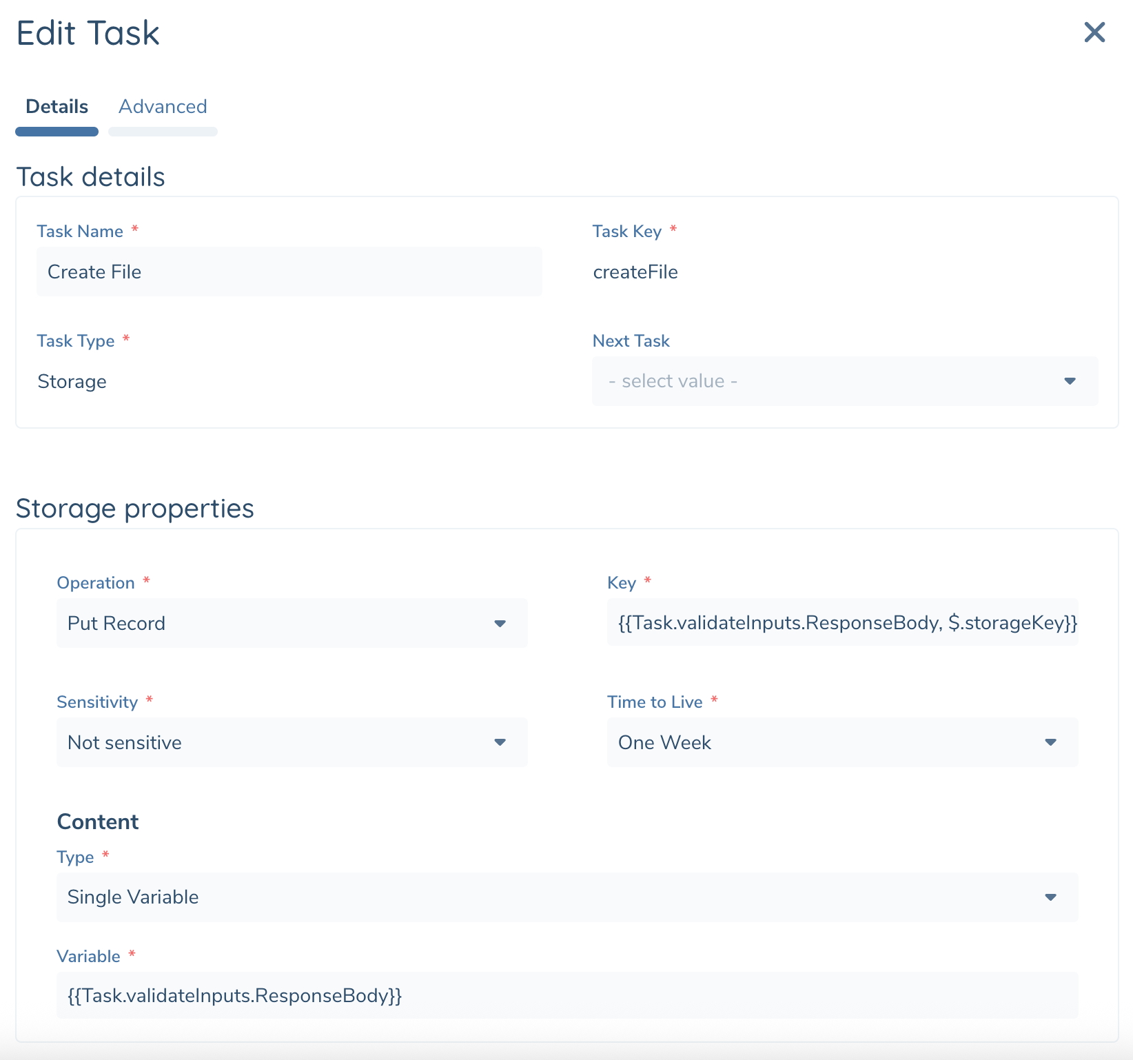 Storage Task Options