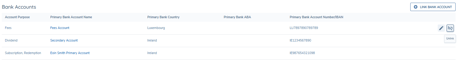 Unlink Bank Account Icon and Tooltip