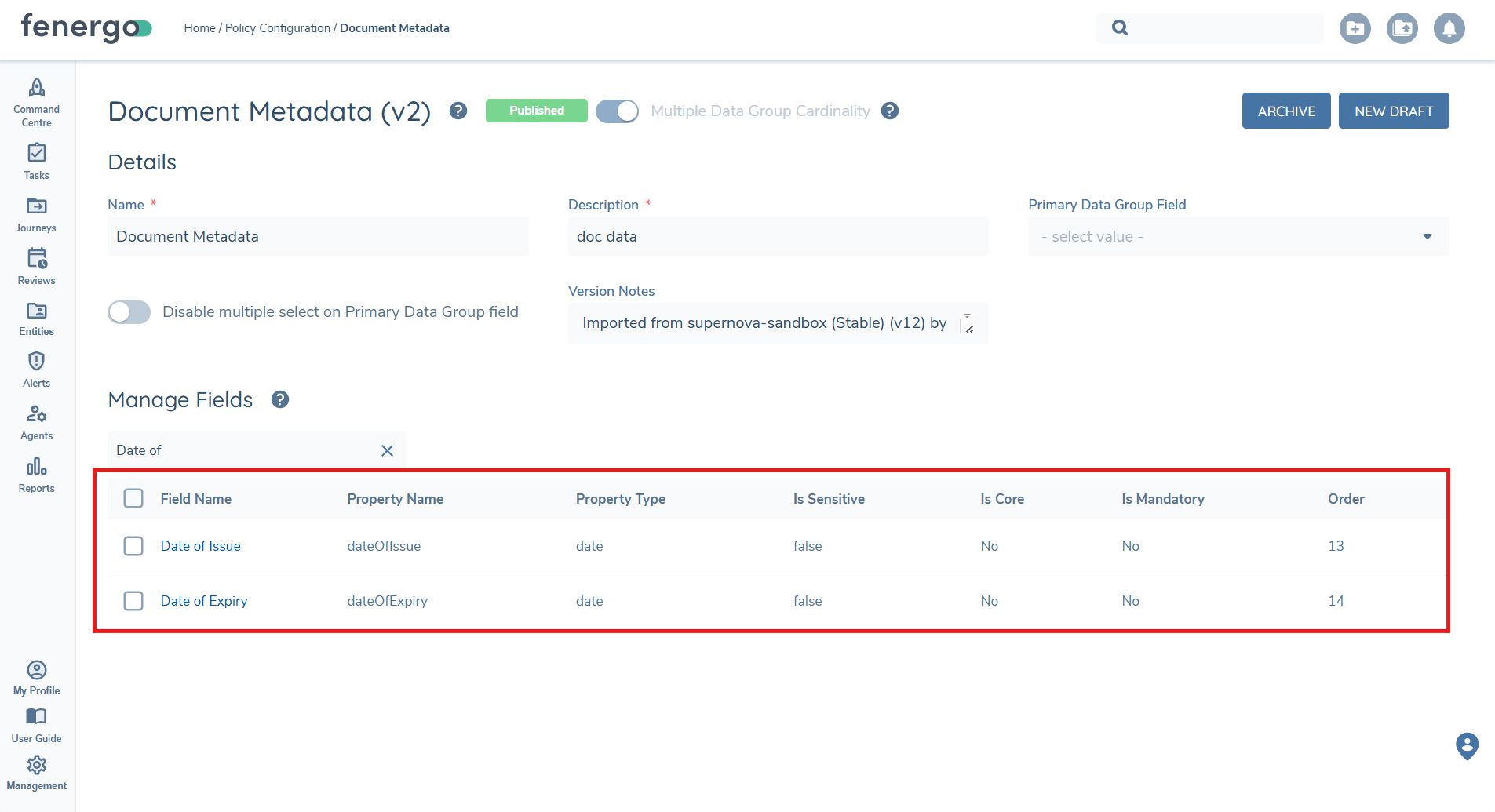 Document Metadata Data Group Configuration
