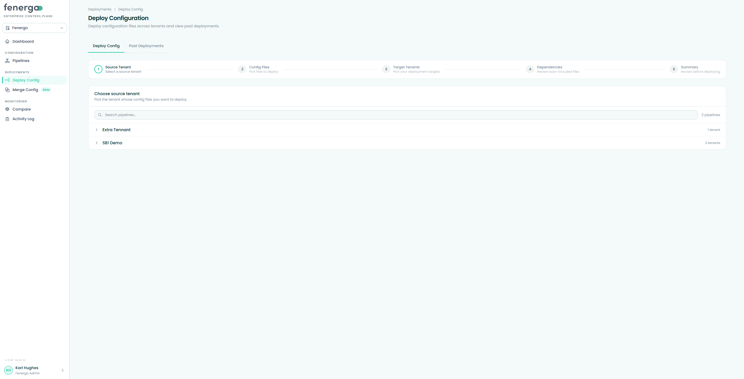 Deploy Config — Step 1: choosing the source tenant