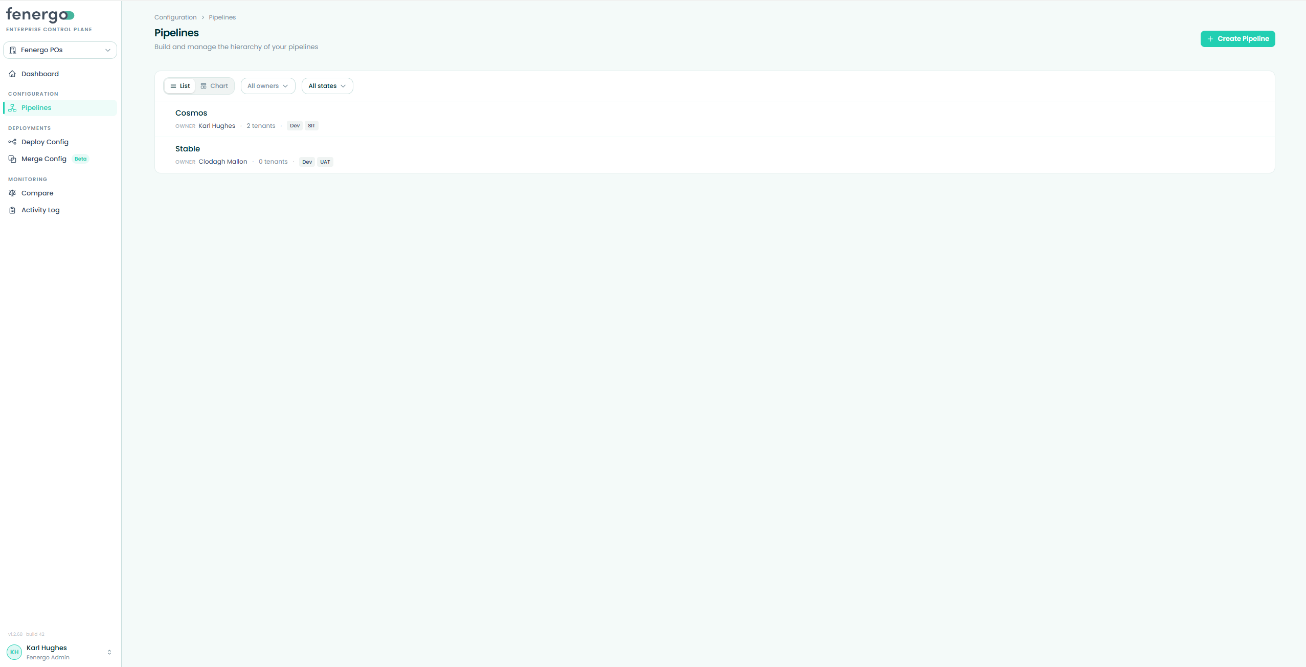 Deployment pipelines list