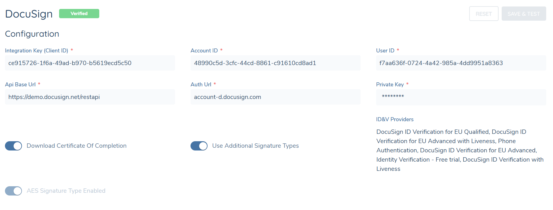 DocuSign Config Additional Settings