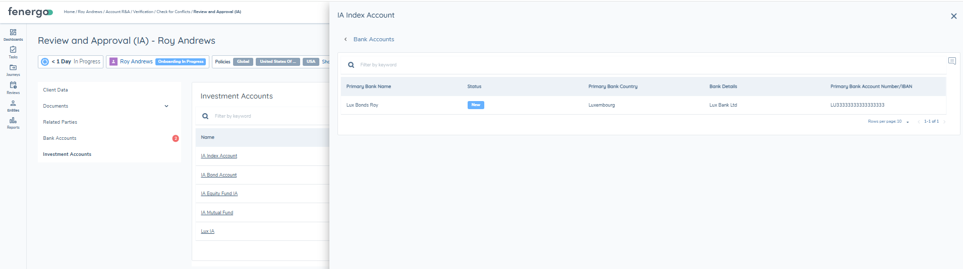 Investment Account Bank Accounts Sub-section View