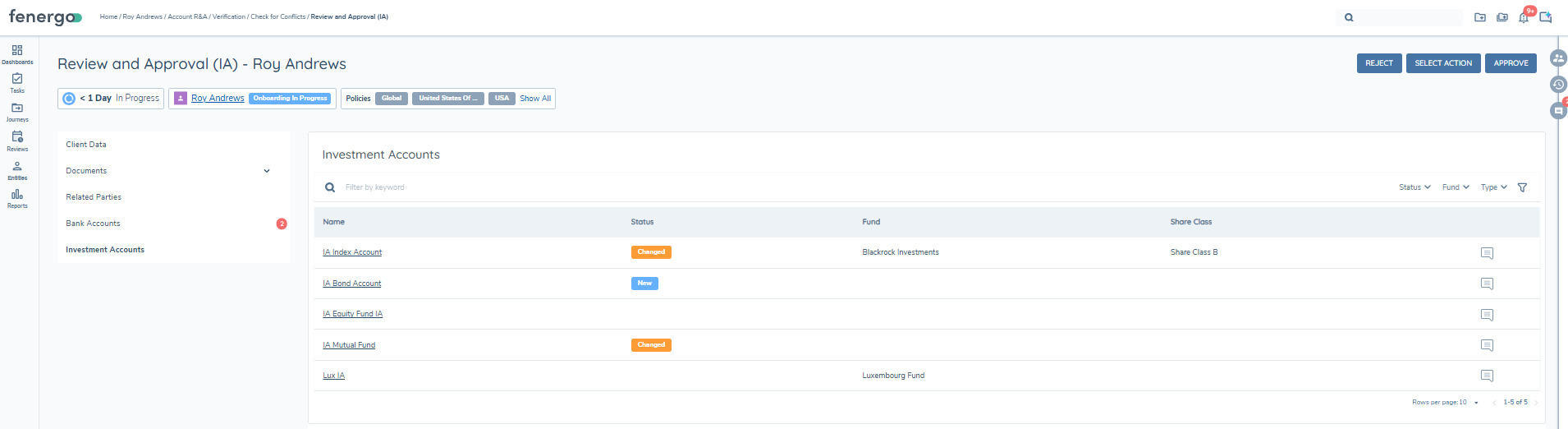 Investment Accounts Panel List View