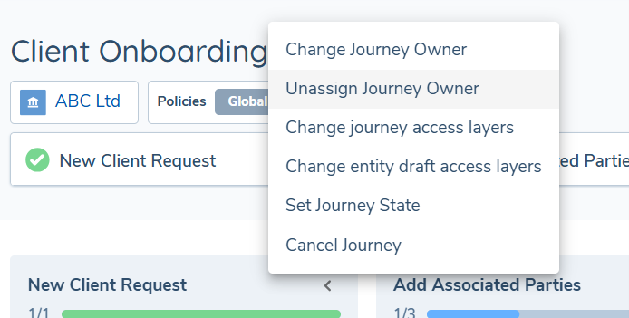Journey Hub showing the Unassign Journey Owner option in the Journey Owner menu