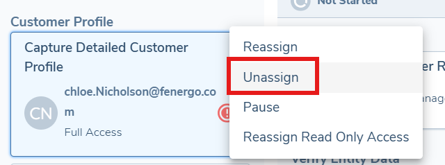 Journey Hub task menu showing the Unassign option