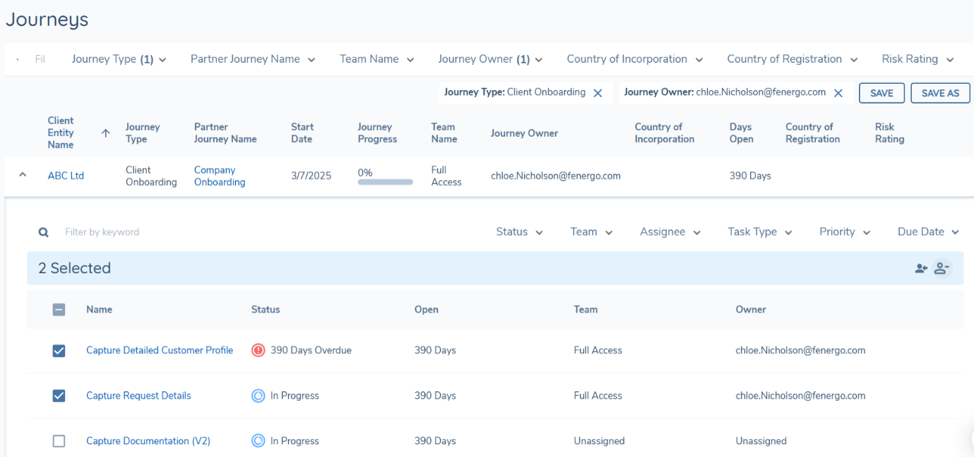 Journeys Dashboard task list with two tasks selected and the unassign icon visible in the toolbar