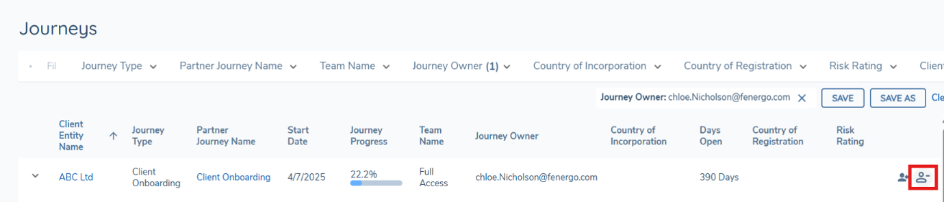 Journeys Dashboard showing the unassign icon on a journey row