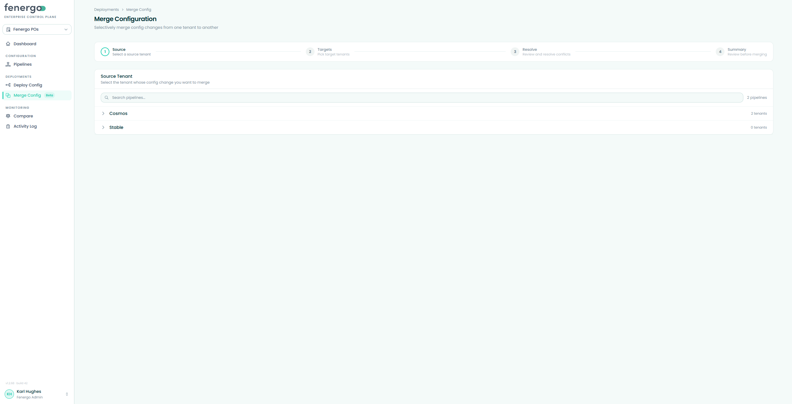 Merge Config — Step 1: choosing the source tenant