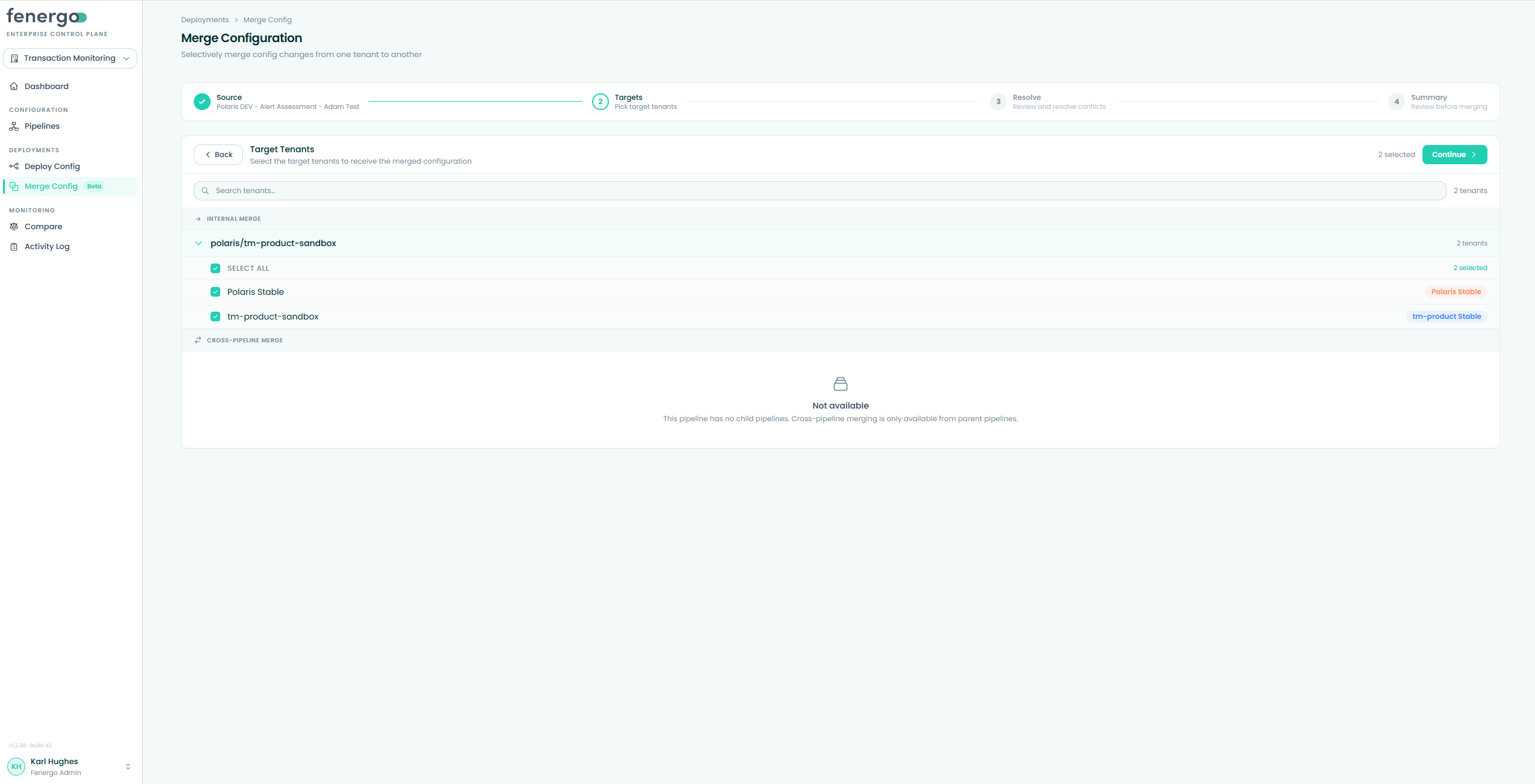 Merge Config — Step 2: choosing target tenants