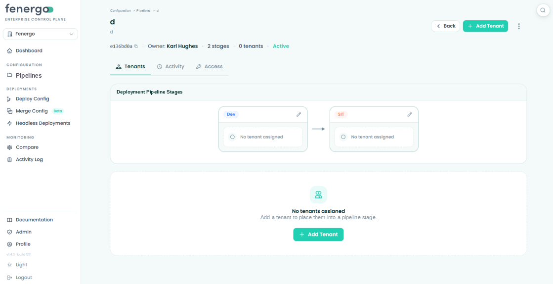 Deployment pipeline page with no tenants assigned yet