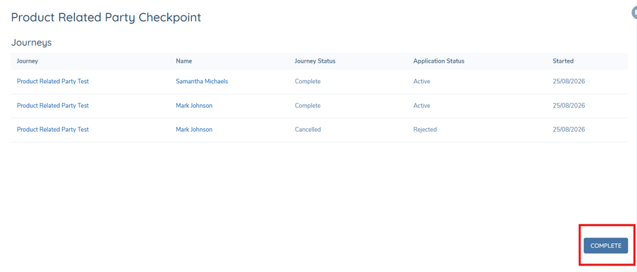 Product Related Party Checkpoint task in Journey Hub with all child journeys complete and Complete button active