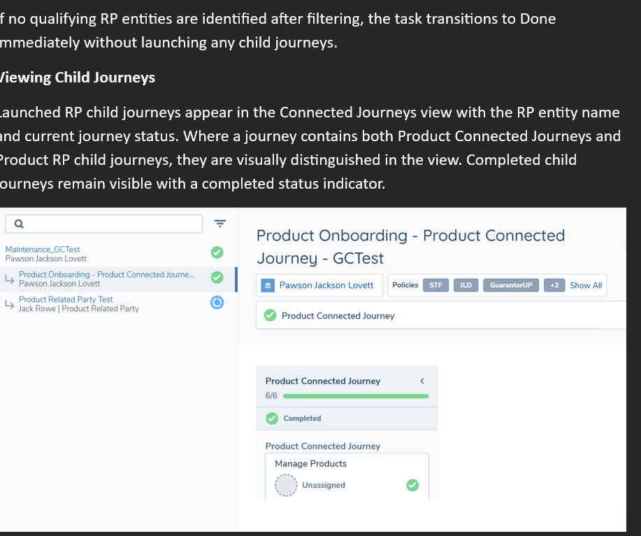 Journey navigation panel showing the Product Connected Journey and a Product RP child journey listed beneath it