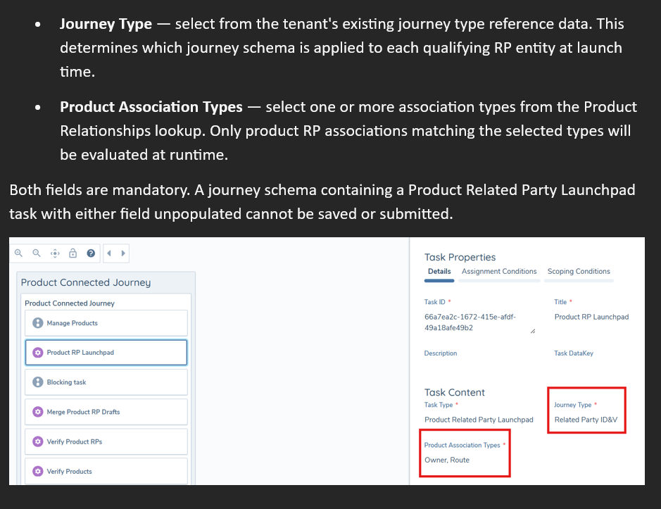 Product RP Launchpad task configuration in Journey Builder showing Journey Type and Product Association Types fields