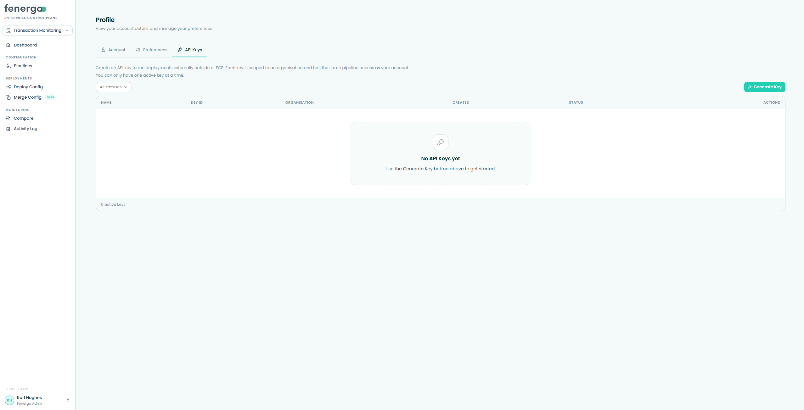Profile — API Keys tab