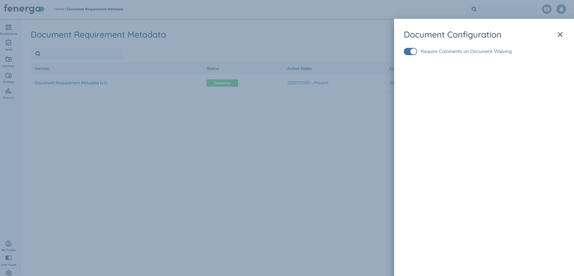 Configuration screen for mandatory comments on document waiving