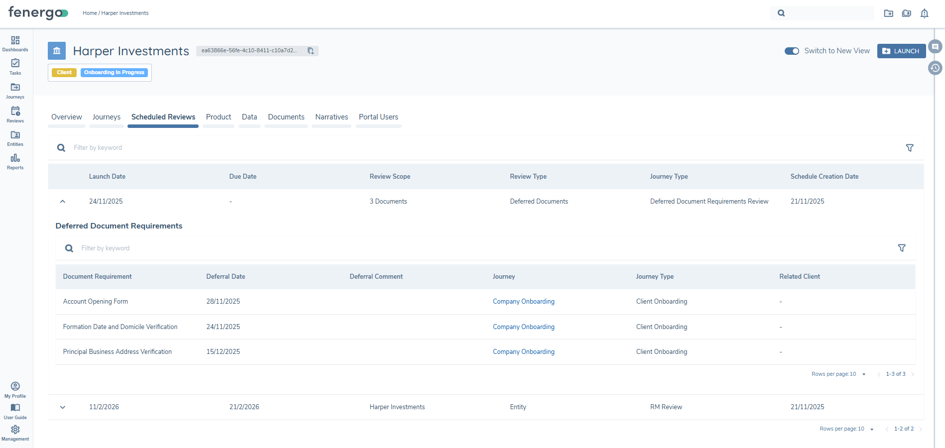 Scheduled Document Deferral Review Client on Entity Profile Page