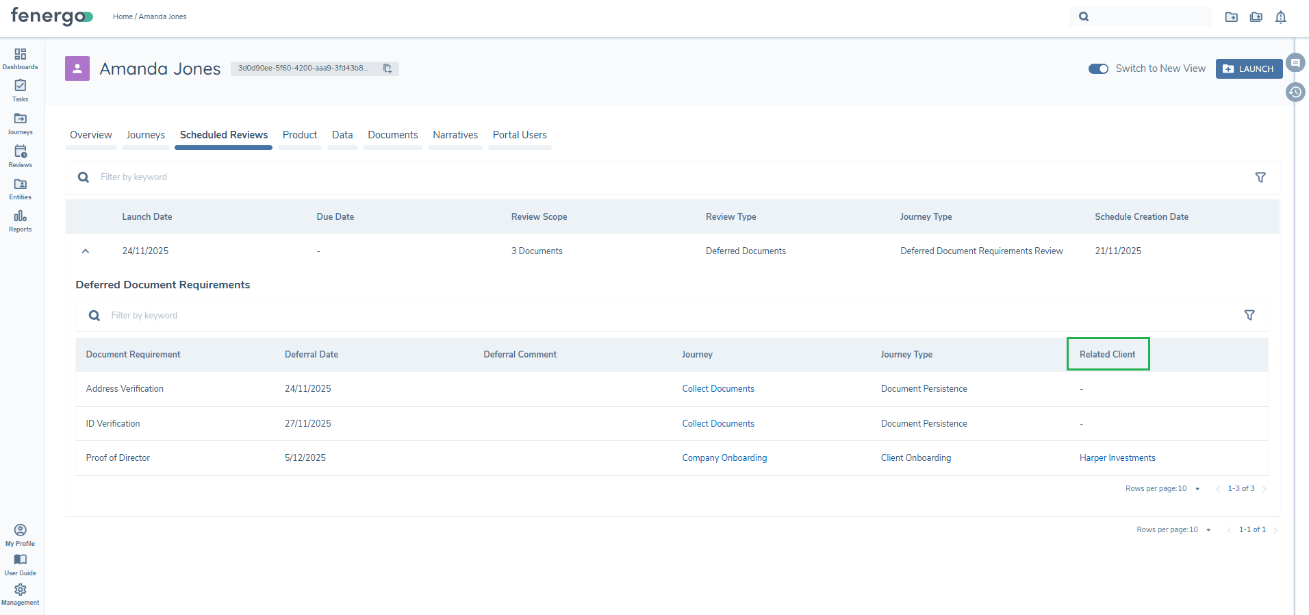 Scheduled Document Deferral Review Client and Related Party on Entity Profile Page