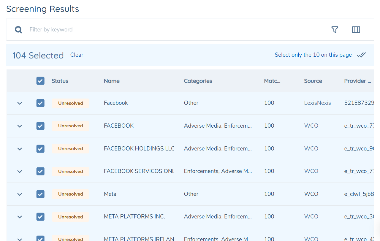 104 Selected with Select only the 10 on this page control