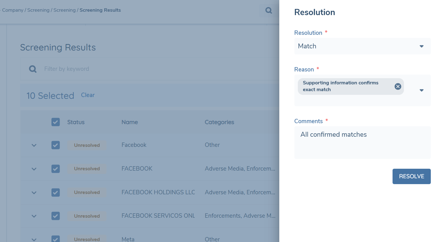 Resolution drawer open showing Resolution, Reason and Comments fields