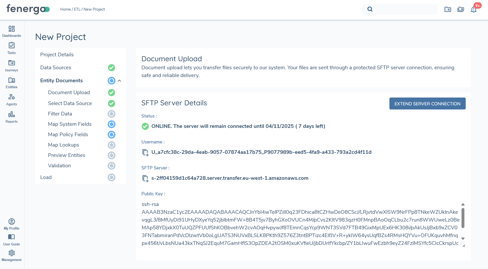 SFTP Server Details - Username and SFTP Server Endpoint