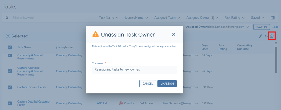 Tasks Dashboard with tasks selected and the Unassign Task Owner modal open