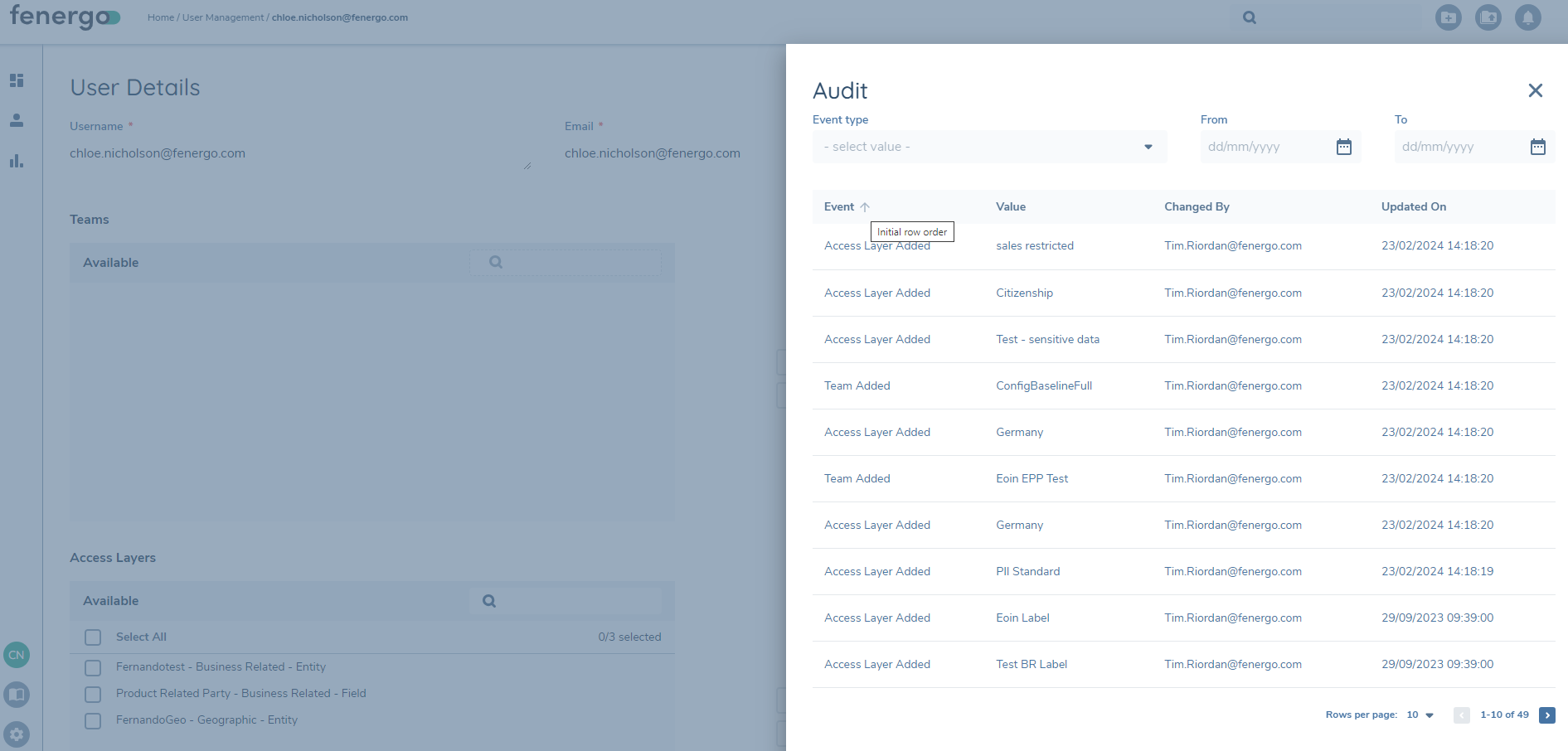 User Management Sorting