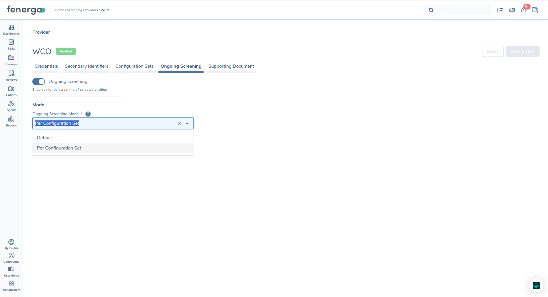 WCO Ongoing Screening Mode toggle, showing the Default and Per Configuration Set options